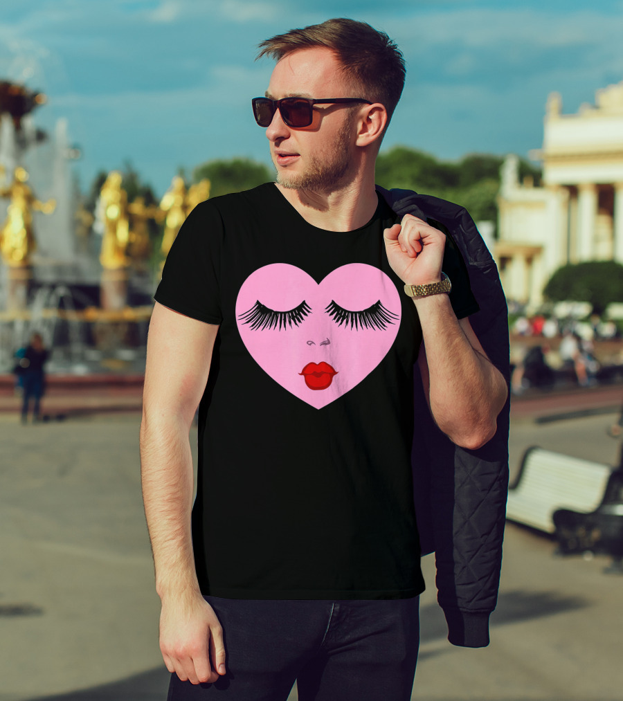Pink Heart With Eyelashes And Red Lips Valentine T-Shirt