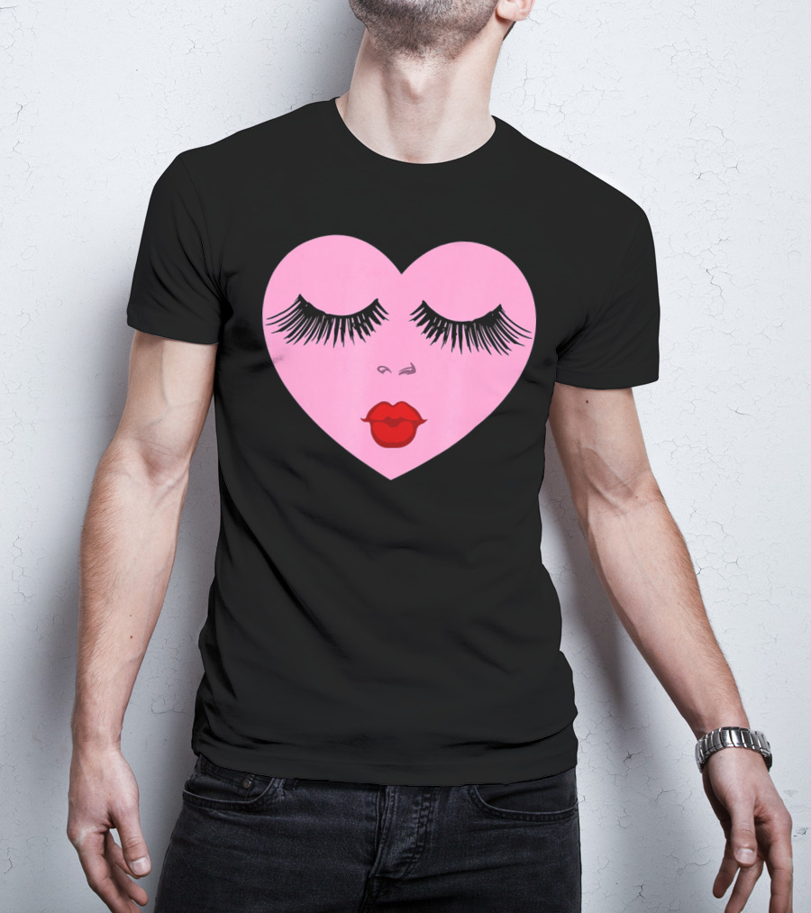 Pink Heart With Eyelashes And Red Lips Valentine T-Shirt