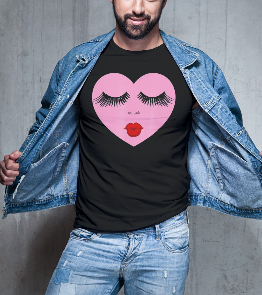 Pink Heart With Eyelashes And Red Lips Valentine T-Shirt