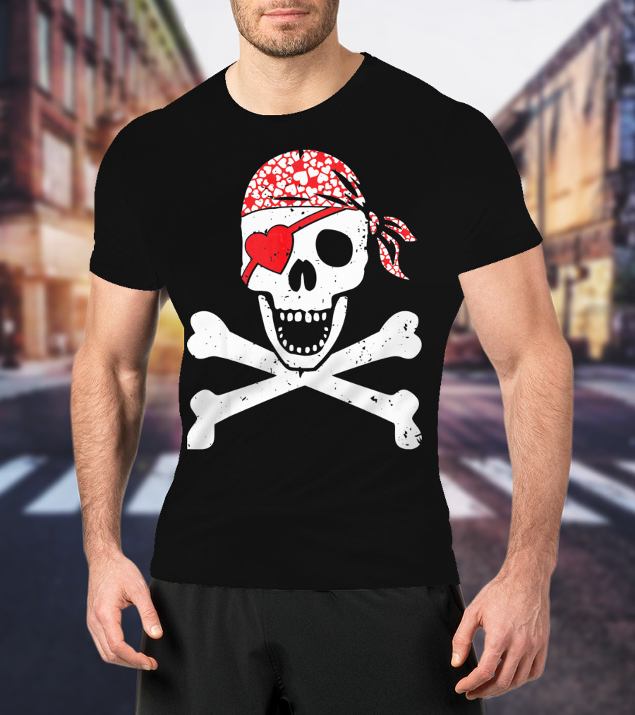 Pirate Skull And Crossbones Heart Bandana Eye Patch Flag Va T-Shirt