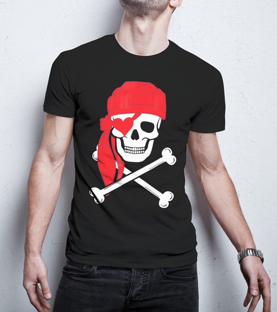 Pirate Skull And Cross Bones Heart Eyepatch Valentines T-Shirt