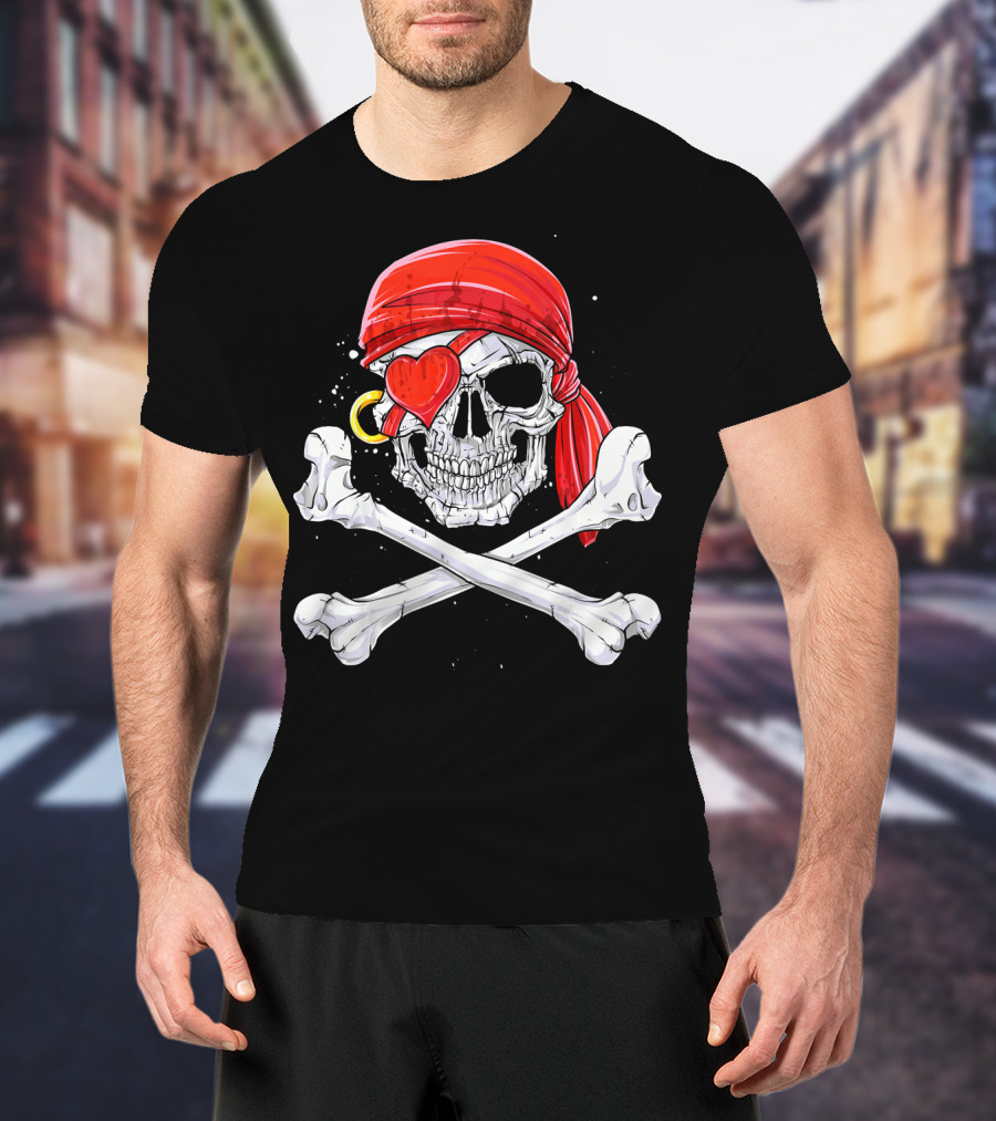 Valentine Pirate Skull With Heart Eye Patch And Crossbones T-Shirt