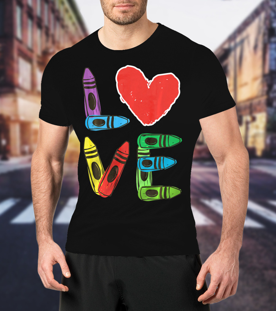 Love Crayon Heart Preschool Teacher Valentines Day T-Shirt