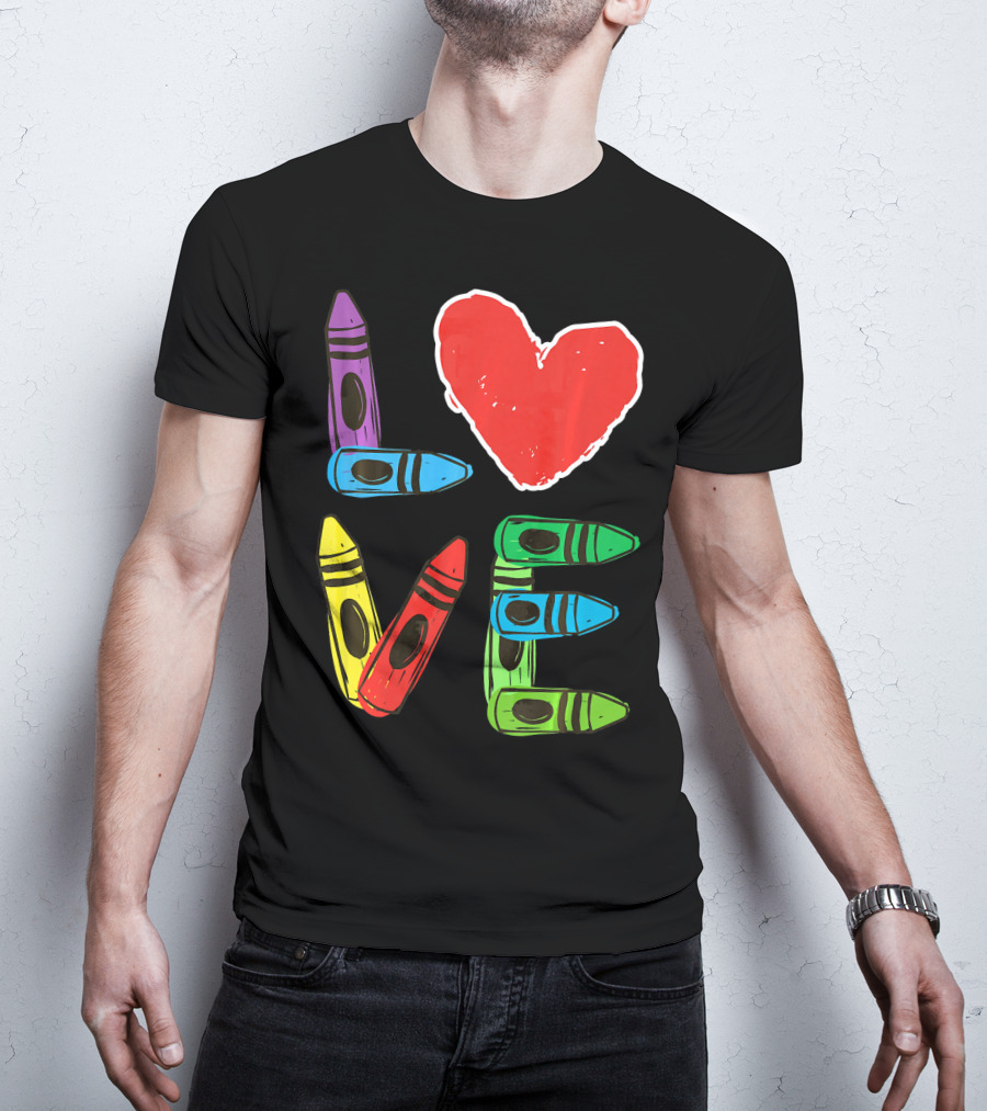 Love Crayon Heart Preschool Teacher Valentines Day T-Shirt