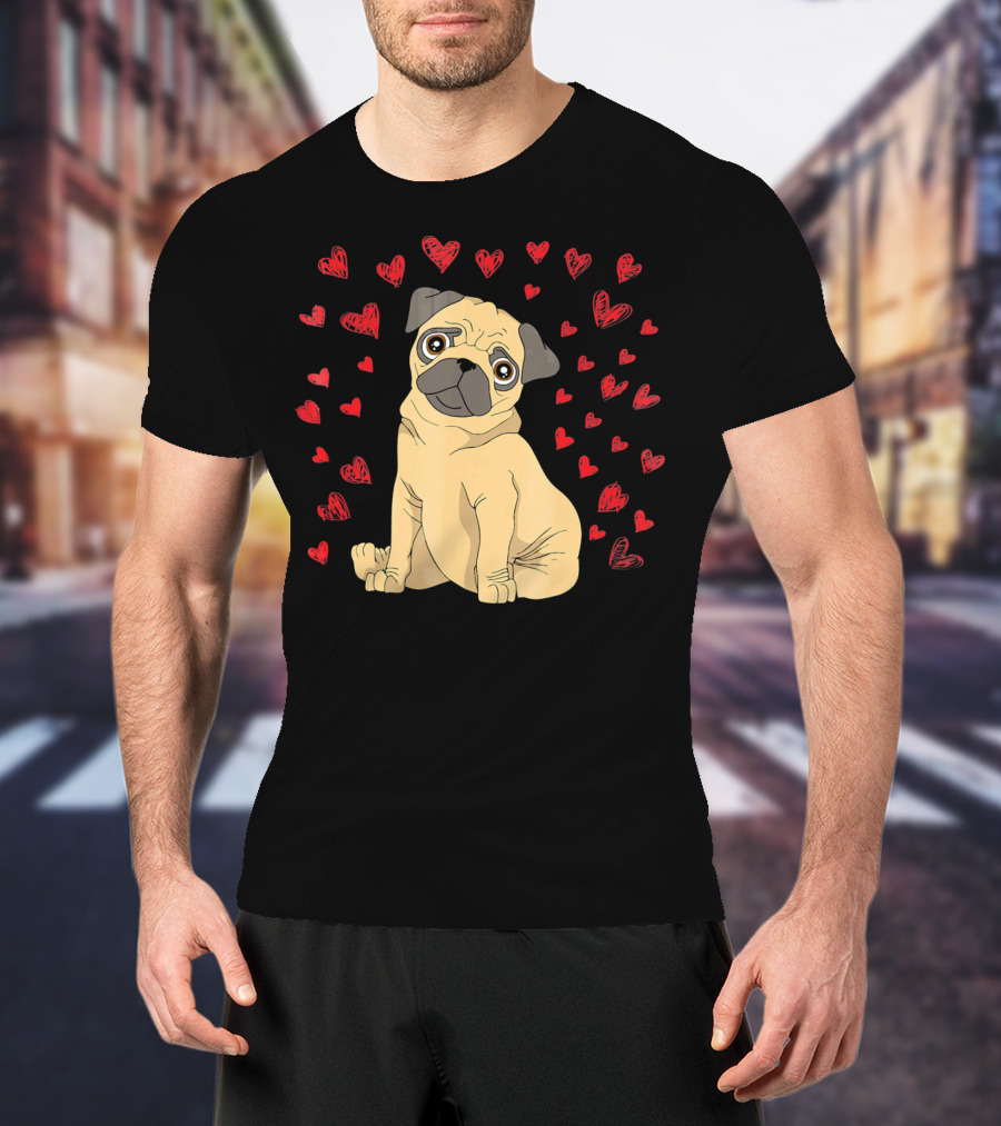 Pug Dog Lover Puppy Surrounded By Red Hearts T-Shirt