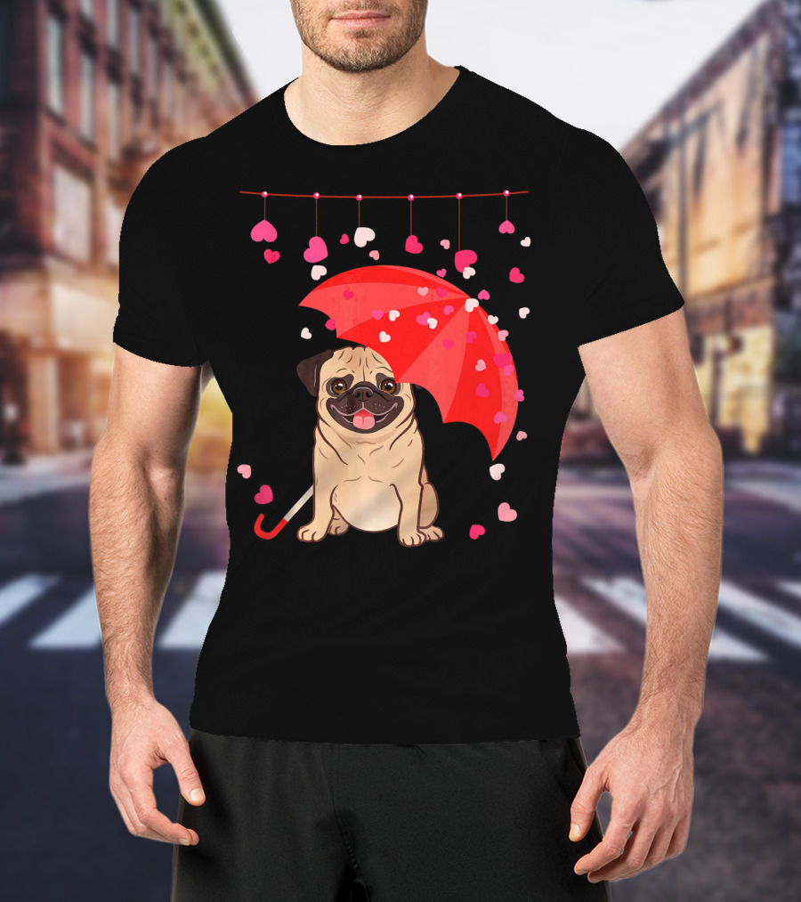 Pug With Umbrella And Falling Hearts Valentine's Day T-Shirt