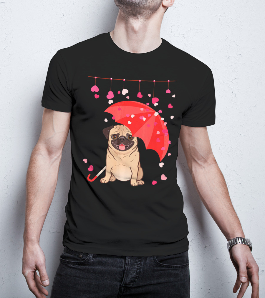 Pug With Umbrella And Falling Hearts Valentine's Day T-Shirt