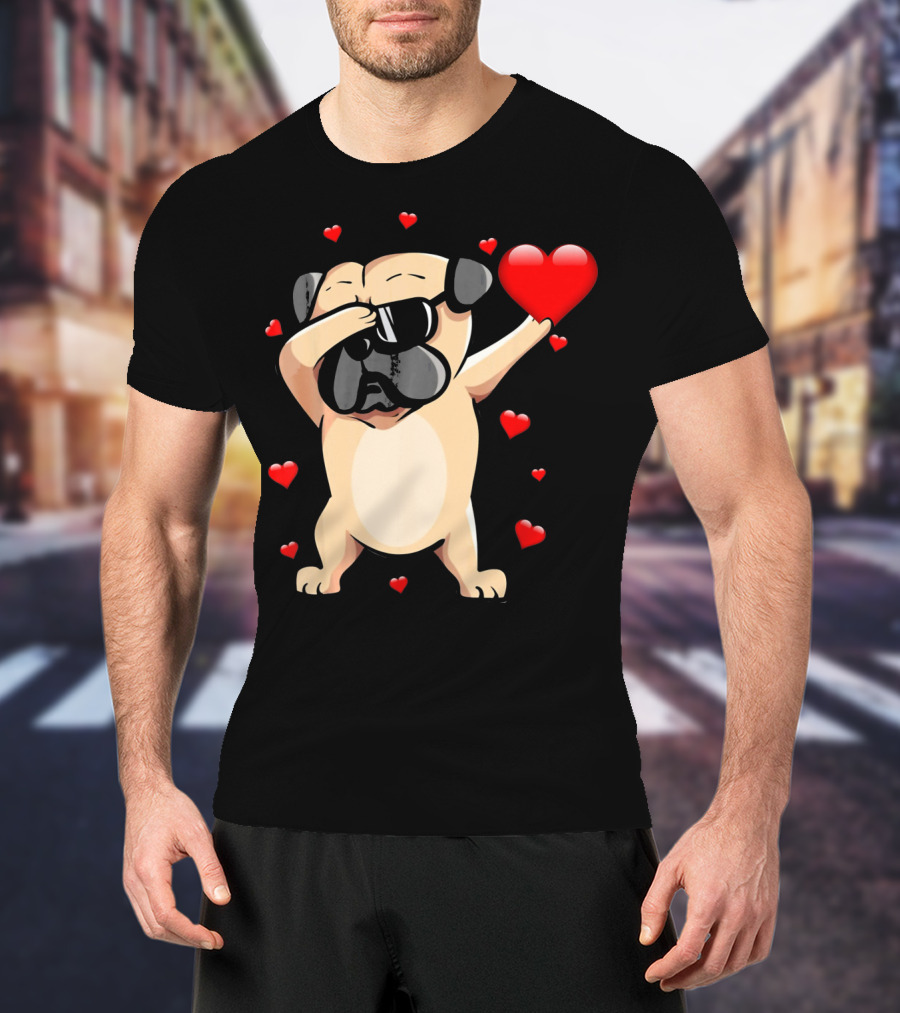 Pug Valentines Day Dabbing Love Dog With Hearts T-Shirt