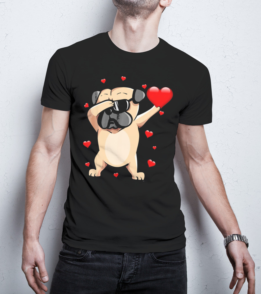 Pug Valentines Day Dabbing Love Dog With Hearts T-Shirt