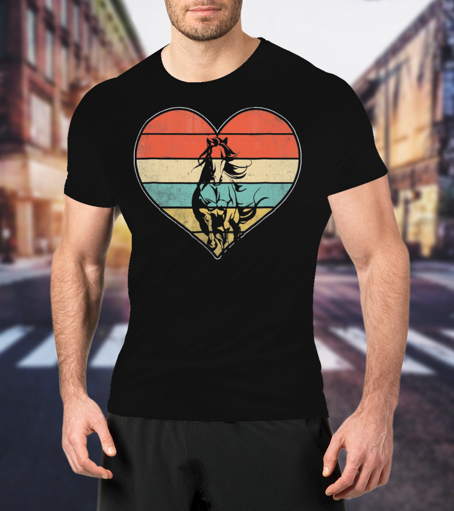 Vintage Retro Horse Heart Valentine's Day Stripes T-Shirt
