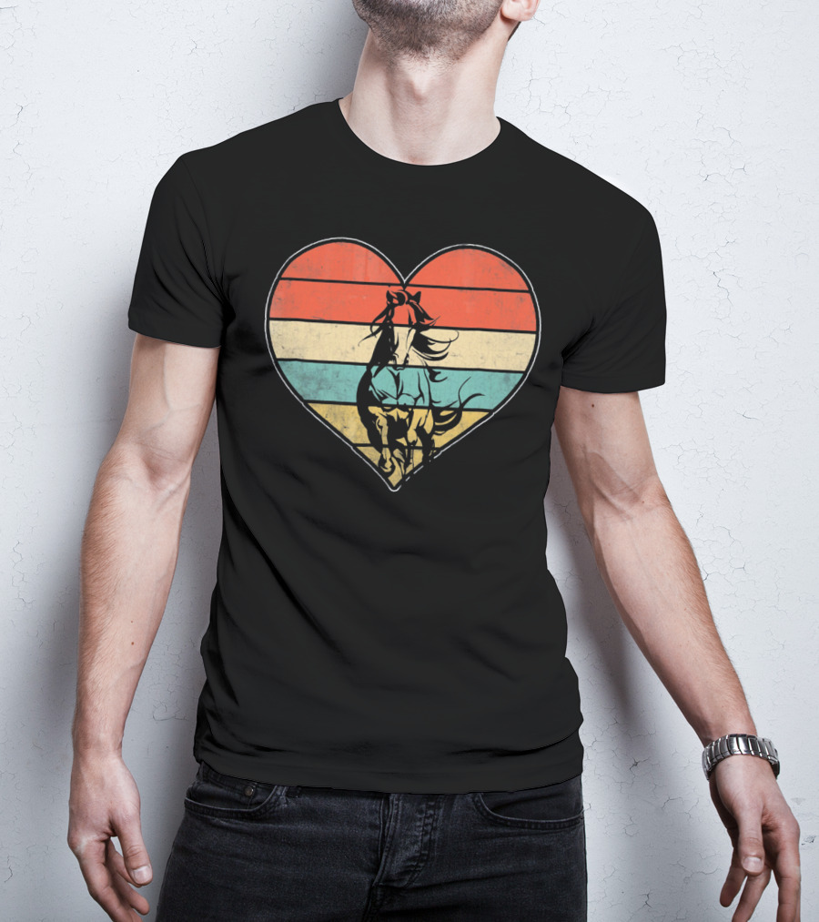 Vintage Retro Horse Heart Valentine's Day Stripes T-Shirt