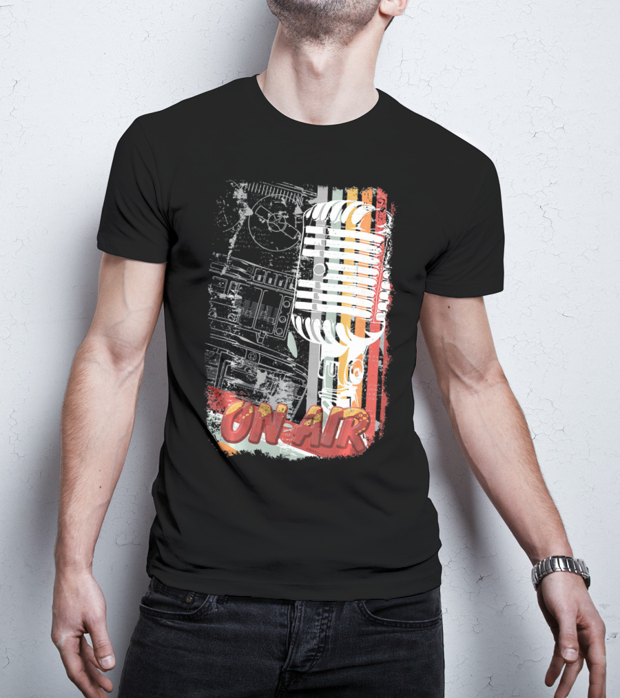 Retro Vintage Microphone On Air Broadcast Stripes T-Shirt