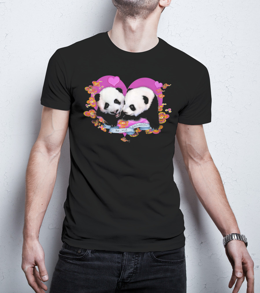 Be My Valentine Robert Campbell Panda Heart Pink Flowers T-Shirt