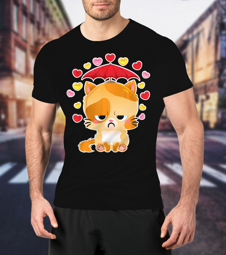 Sad Cat Under Umbrella With Raining Hearts Valentine's Day T-Shirt