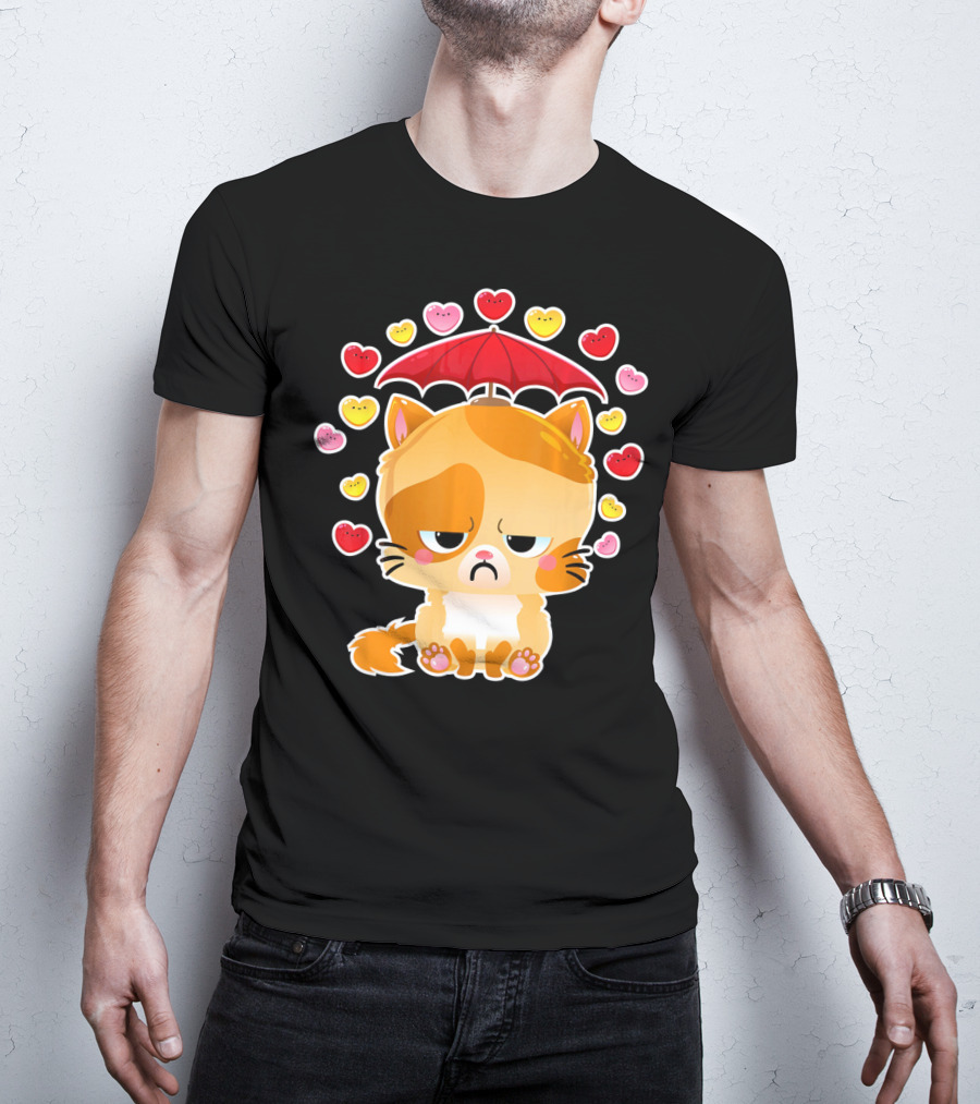 Sad Cat Under Umbrella With Raining Hearts Valentine's Day T-Shirt