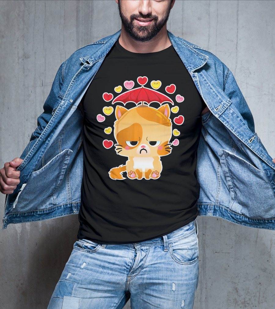 Sad Cat Under Umbrella With Raining Hearts Valentine's Day T-Shirt