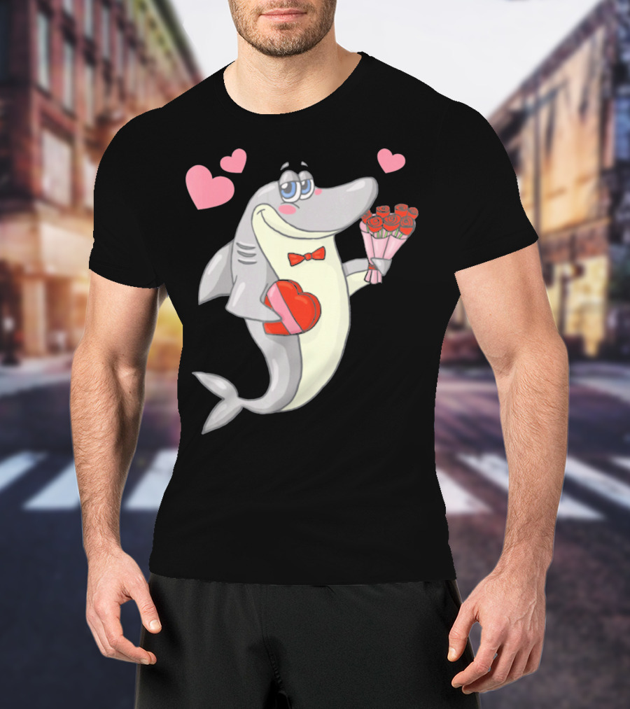 Shark Holding Heart Box And Bouquet With Hearts Valentine T-Shirt