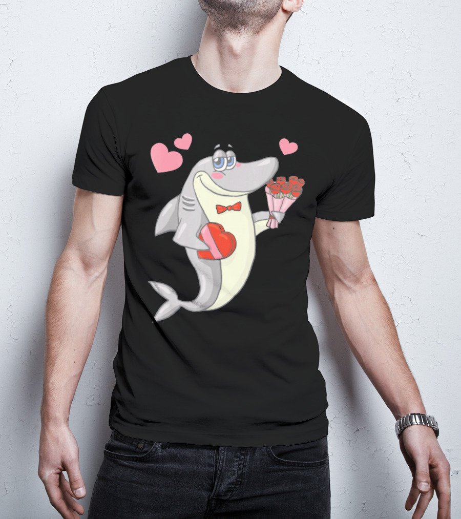 Shark Holding Heart Box And Bouquet With Hearts Valentine T-Shirt