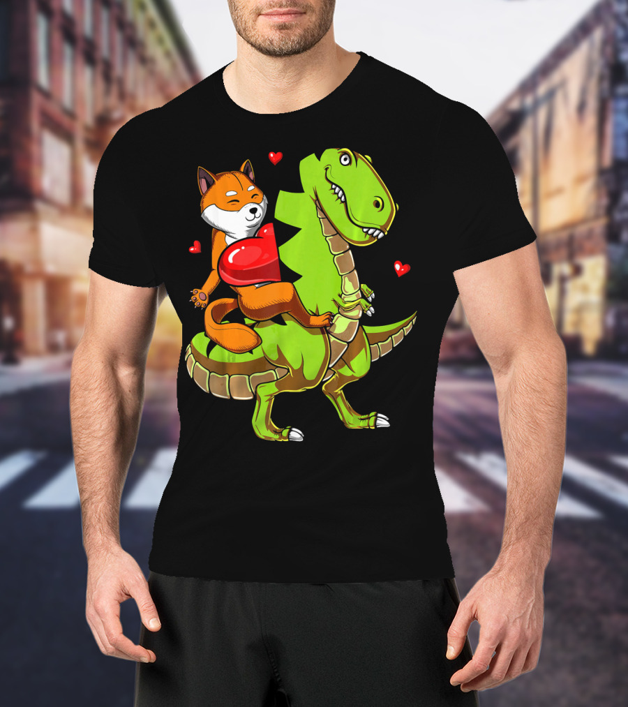 Shiba Inu Riding Green T-Rex Dinosaur With Red Hearts T-Shirt