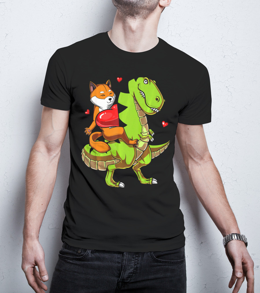 Shiba Inu Riding Green T-Rex Dinosaur With Red Hearts T-Shirt