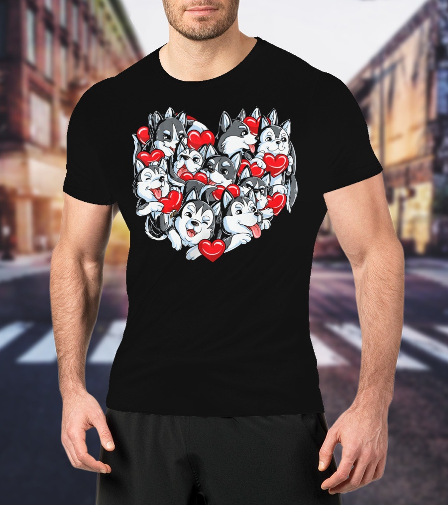 Siberian Husky Heart With Red Valentine Hearts T-Shirt