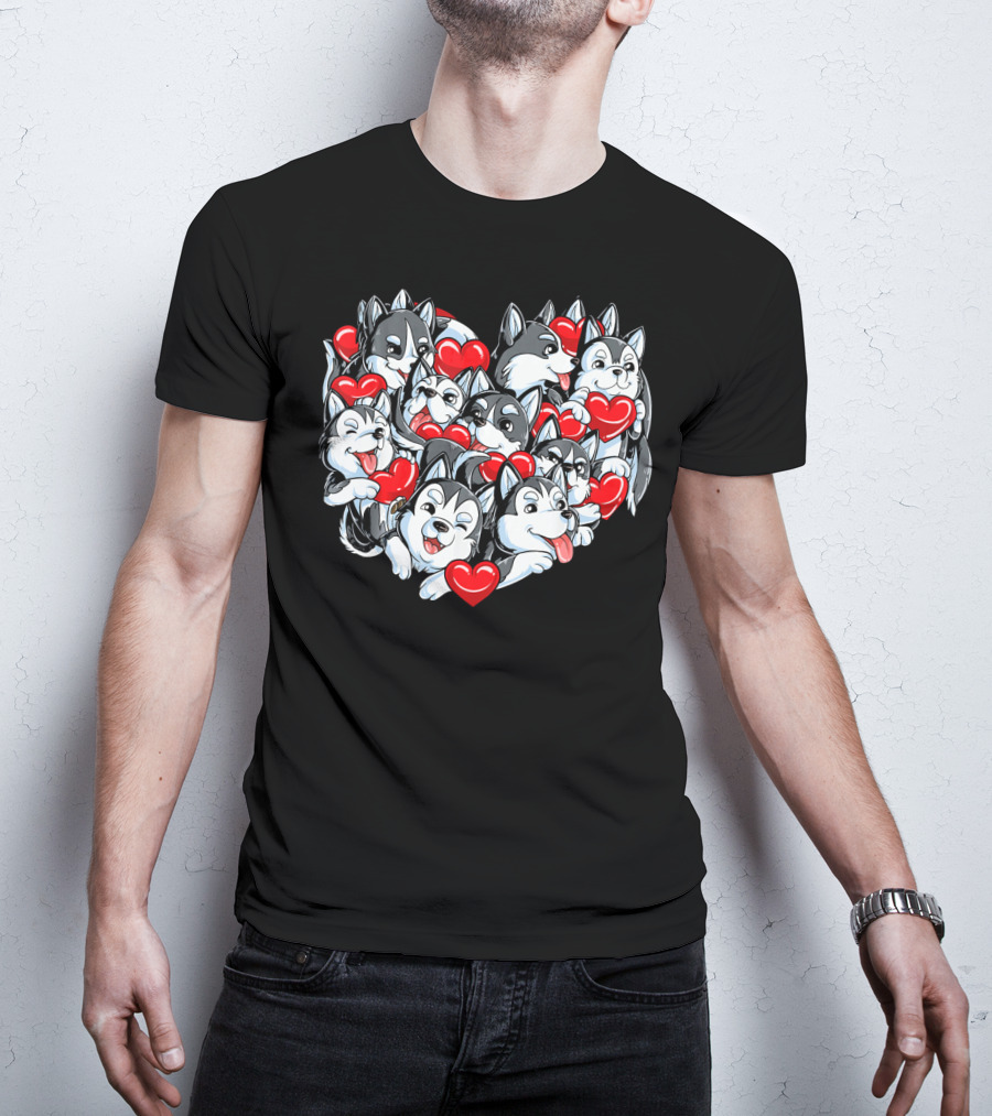 Siberian Husky Heart With Red Valentine Hearts T-Shirt