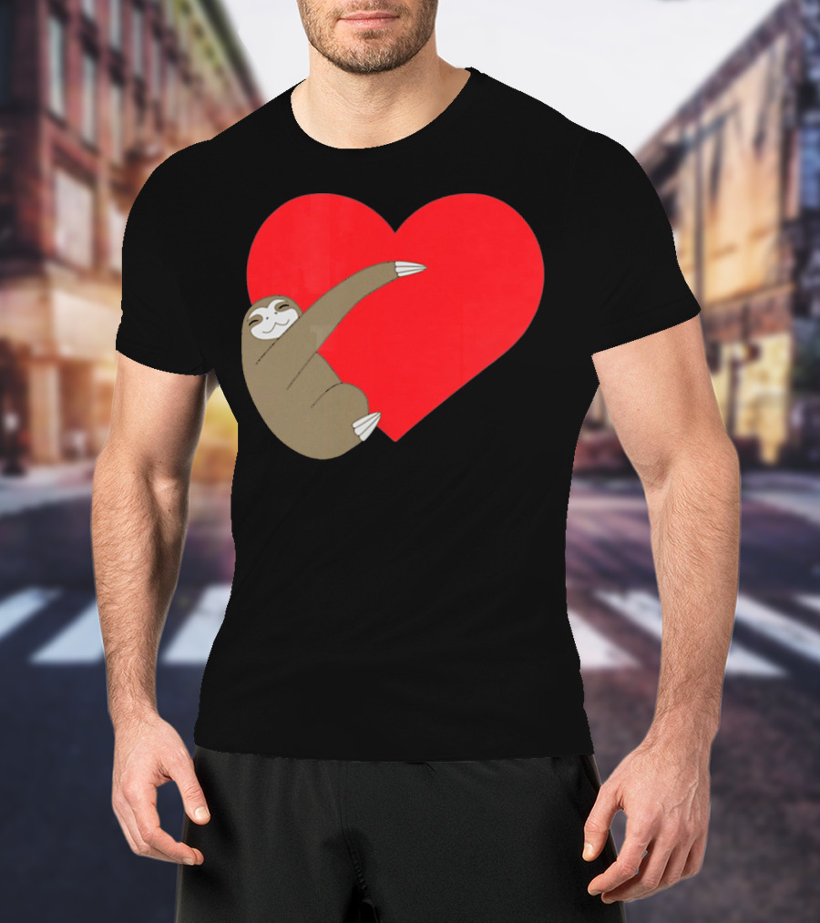 Sloth Hugging Heart Cute Pocket Va T-Shirt