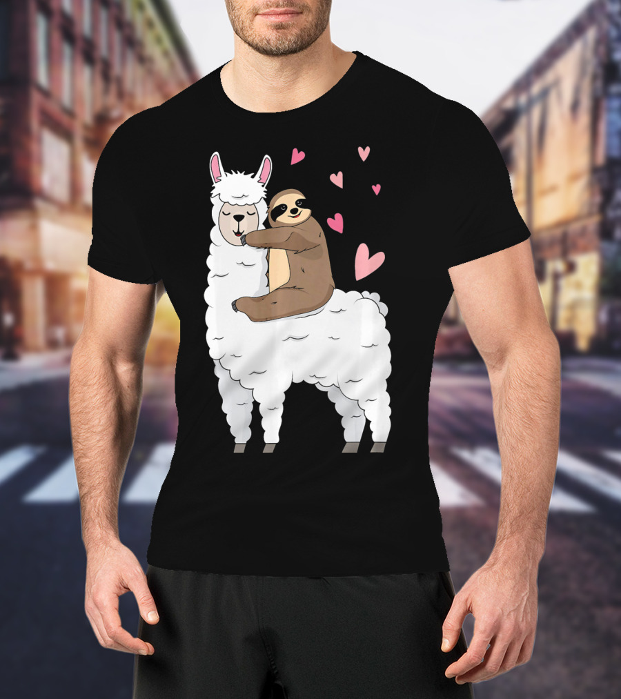Sloth Riding Llama Cute Hearts Valentines Day T-Shirt