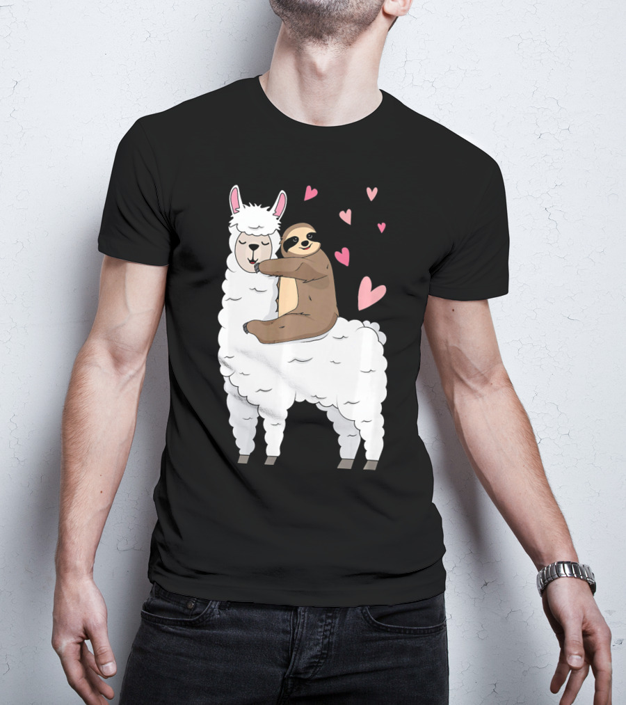 Sloth Riding Llama Cute Hearts Valentines Day T-Shirt