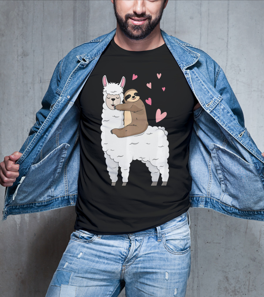 Sloth Riding Llama Cute Hearts Valentines Day T-Shirt