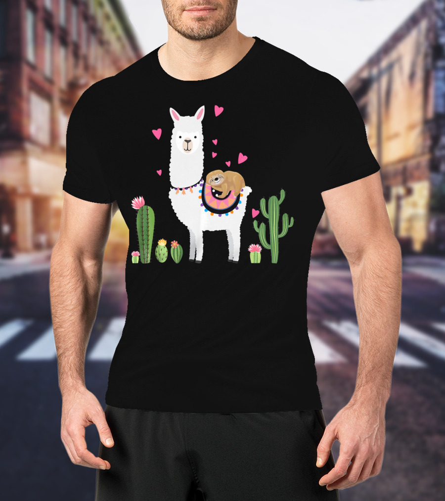 Sloth Riding Llama Heart Cactus Funny Va T-Shirt