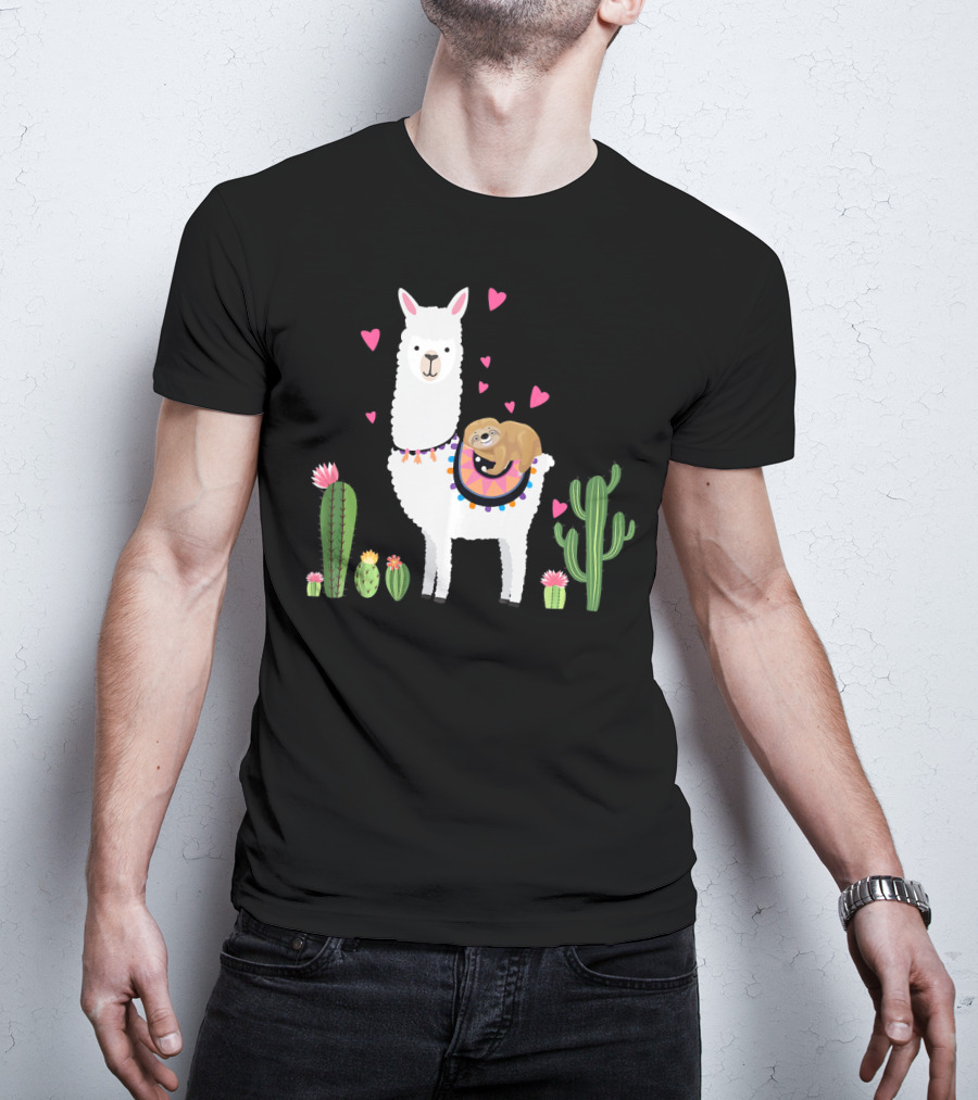 Sloth Riding Llama Heart Cactus Funny Va T-Shirt