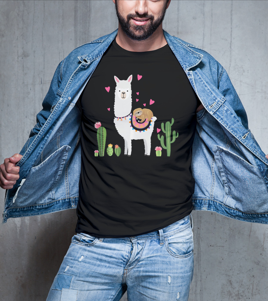Sloth Riding Llama Heart Cactus Funny Va T-Shirt