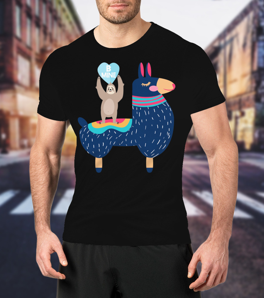 Sloth Holding Heart On Llama Be Mine T-Shirt
