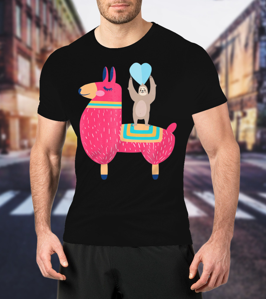 Sloth Riding Llama With Heart Balloon T-Shirt