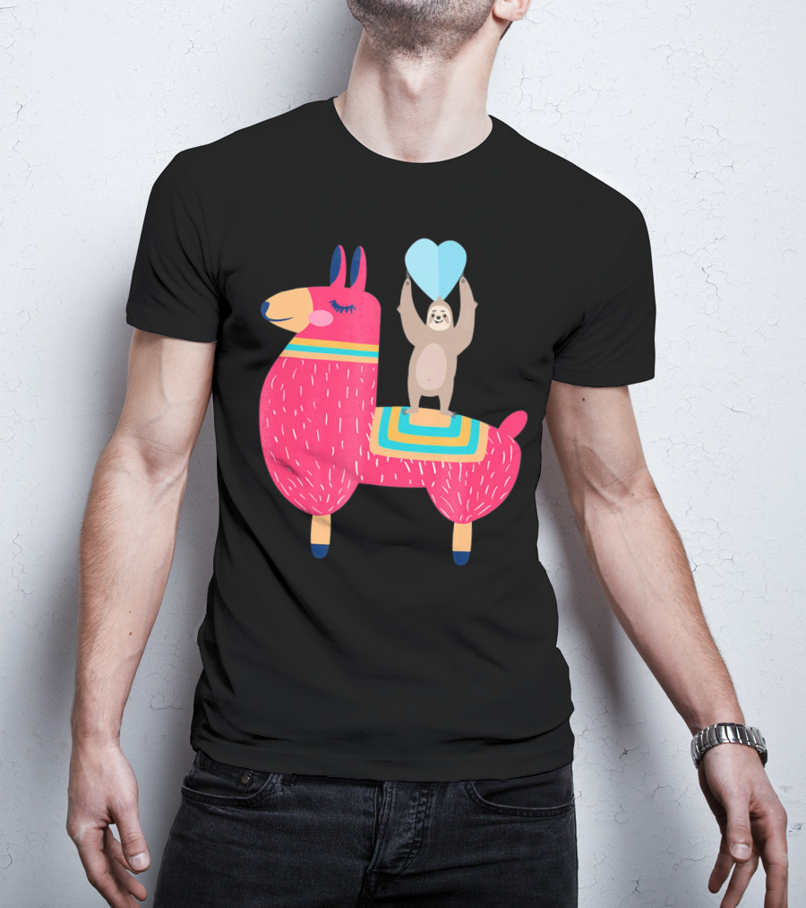 Sloth Riding Llama With Heart Balloon T-Shirt