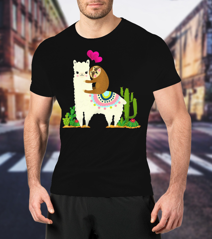 Sloth Riding Llama With Pink Hearts And Cactus Funny Valentin T-Shirt