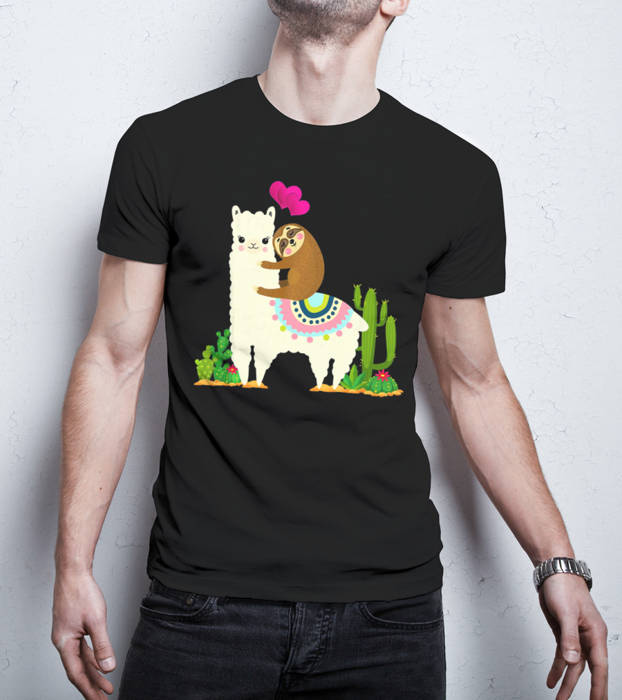 Sloth Riding Llama With Pink Hearts And Cactus Funny Valentin T-Shirt