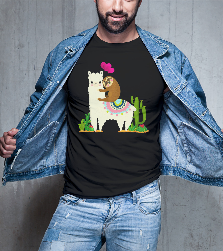 Sloth Riding Llama With Pink Hearts And Cactus Funny Valentin T-Shirt