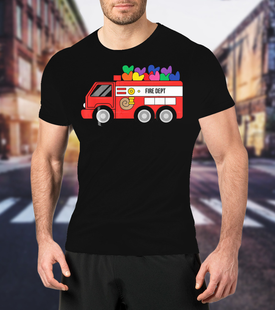 Fire Dept Valentine Hearts Sloth Fire Truck T-Shirt