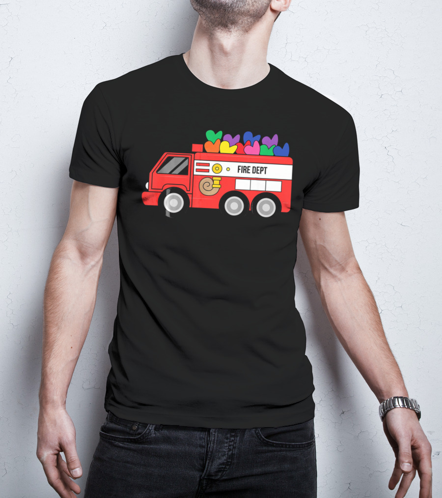 Fire Dept Valentine Hearts Sloth Fire Truck T-Shirt