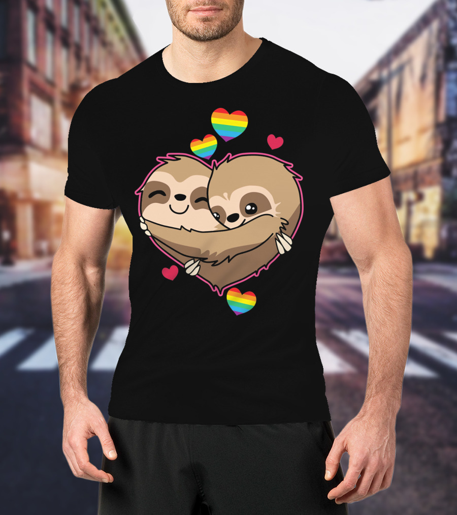 Valentines Day Sloth Heart With Rainbow Hearts T-Shirt