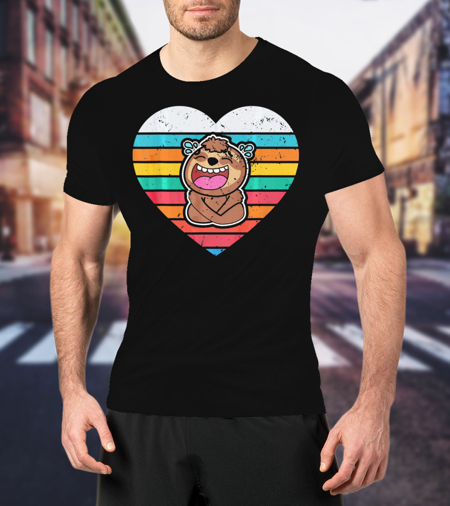 Retro Striped Laughing Sloth Heart Valentine's Day T-Shirt