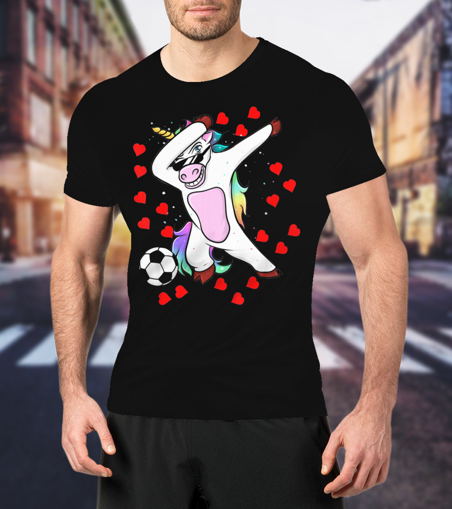 Soccer Is My Valentine Unicorn Dabbing Surrounded By Hearts T-Shirt