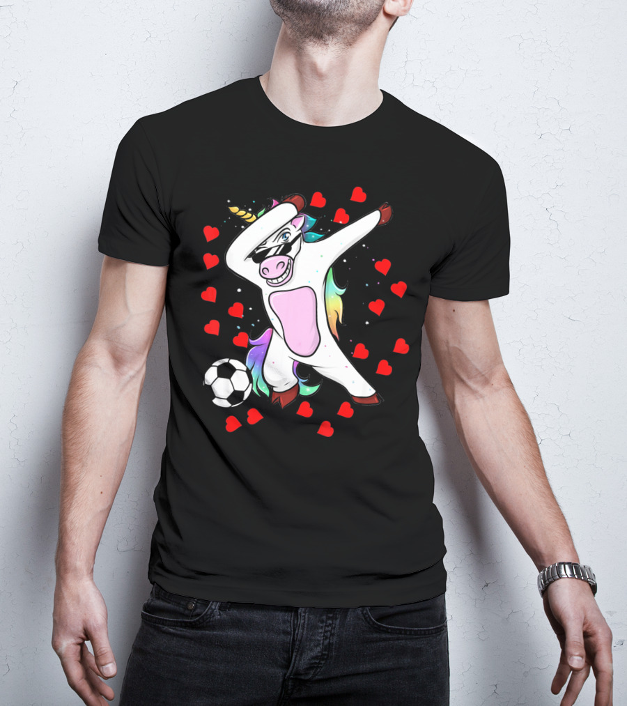Soccer Is My Valentine Unicorn Dabbing Surrounded By Hearts T-Shirt