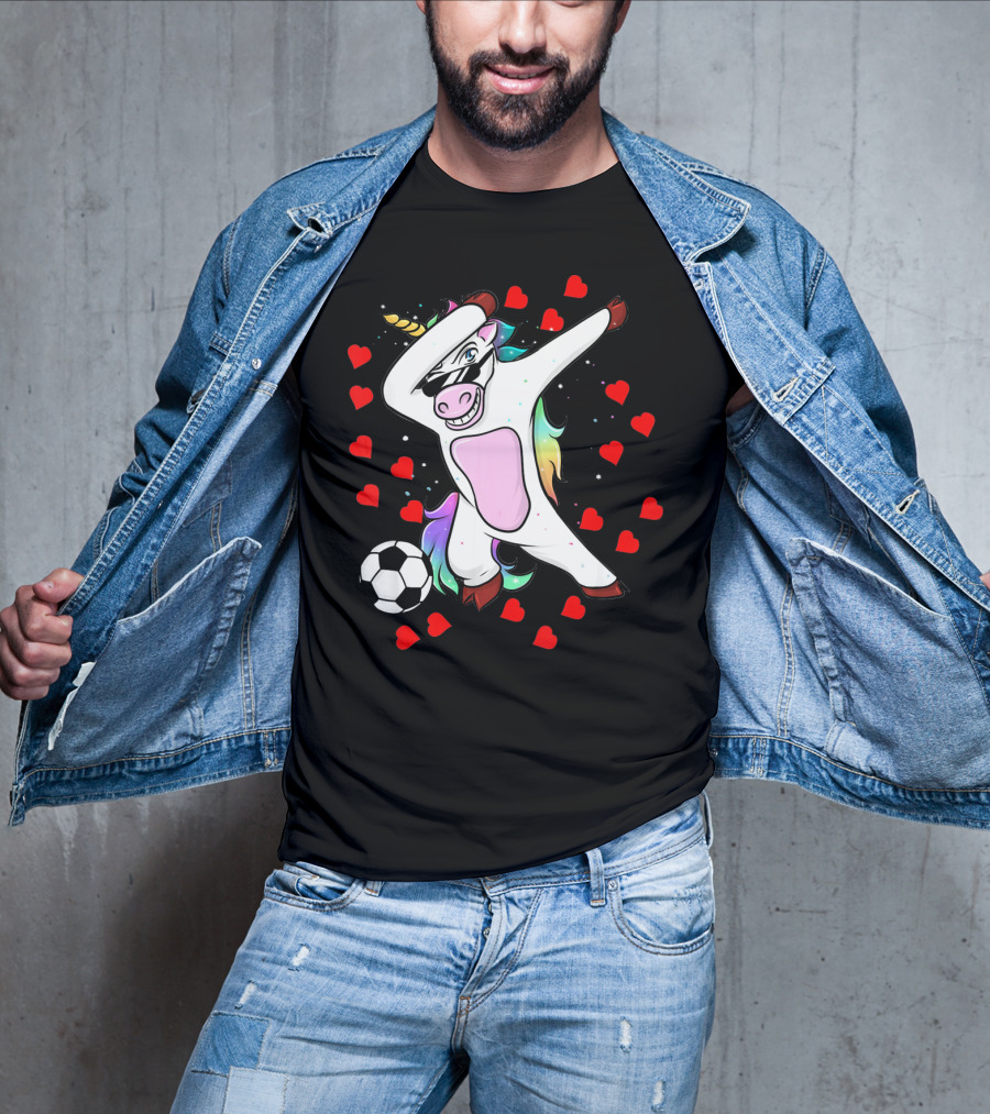 Soccer Is My Valentine Unicorn Dabbing Surrounded By Hearts T-Shirt