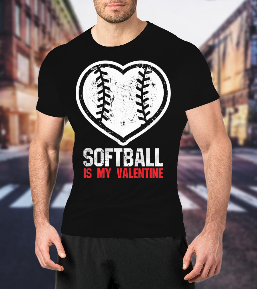 Softball Is My Valentine Heartball Stitching T-Shirt