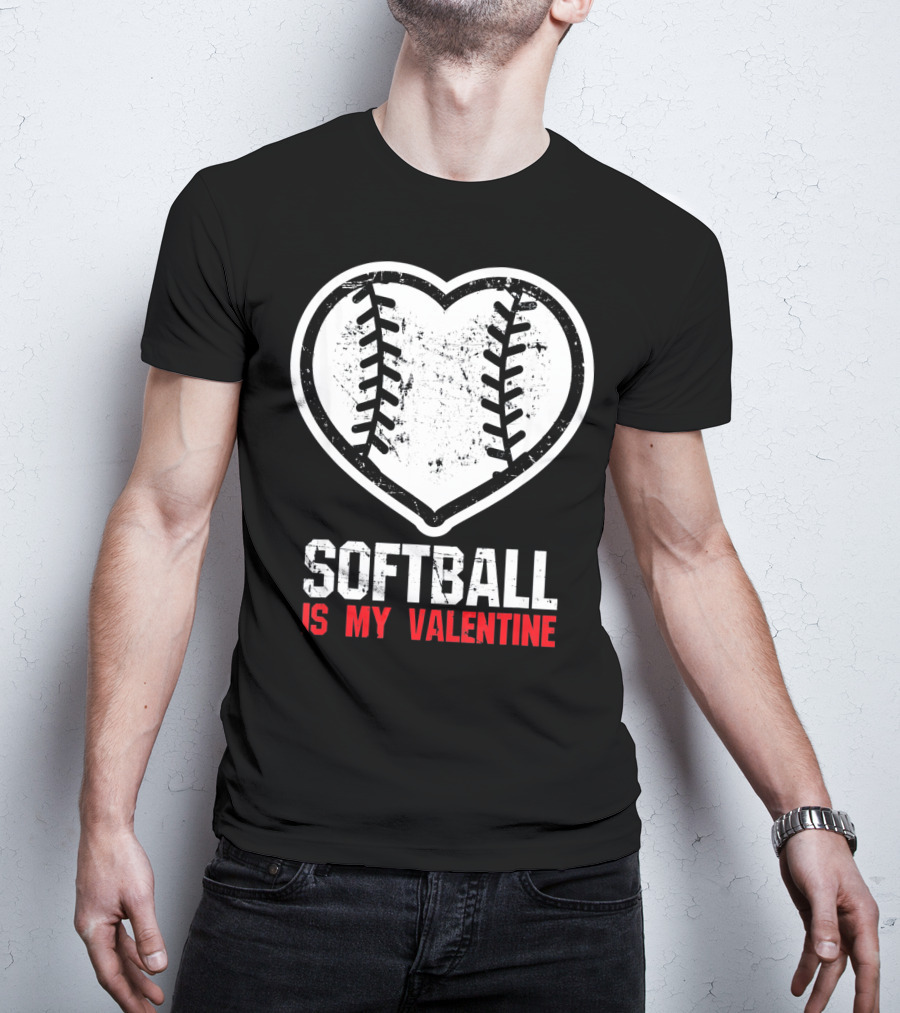 Softball Is My Valentine Heartball Stitching T-Shirt