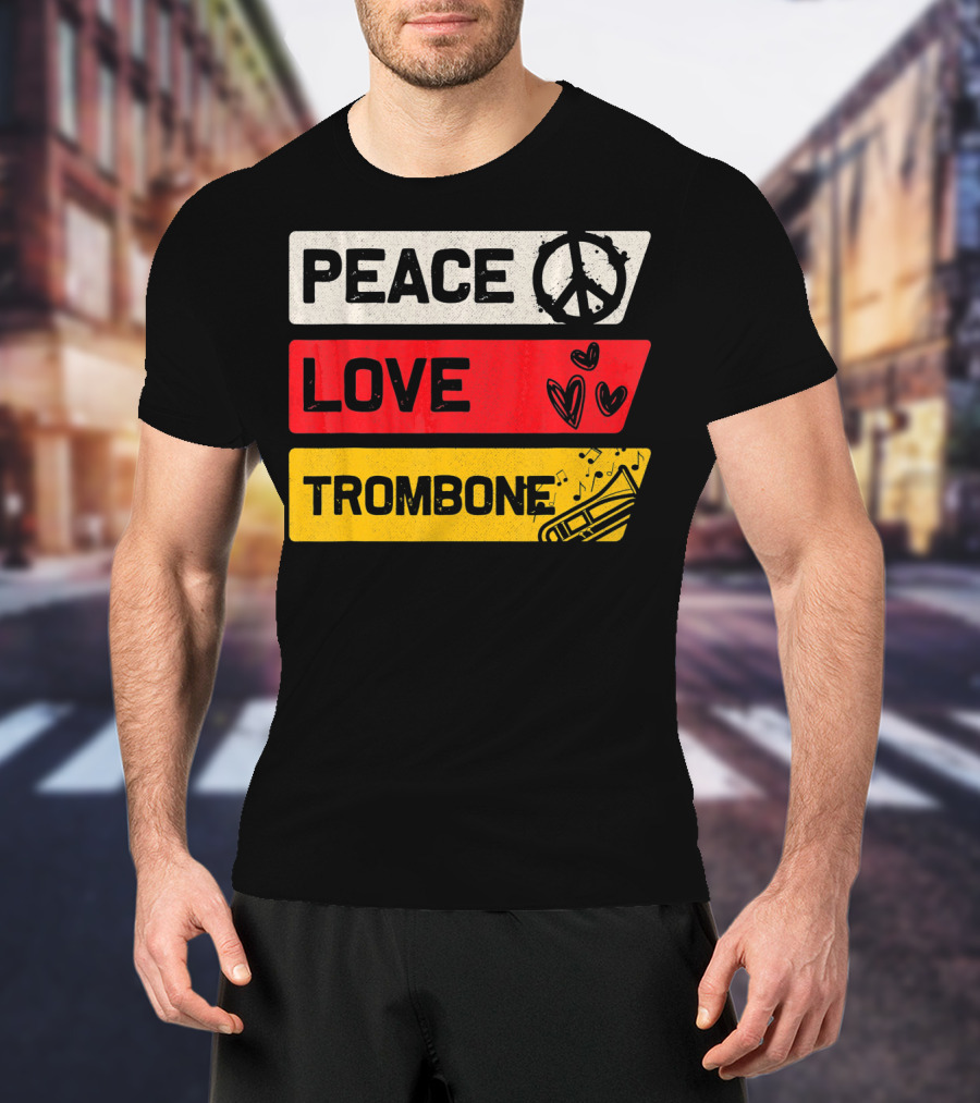 Peace Sign Love Heart Trombone Music Symbols T-Shirt
