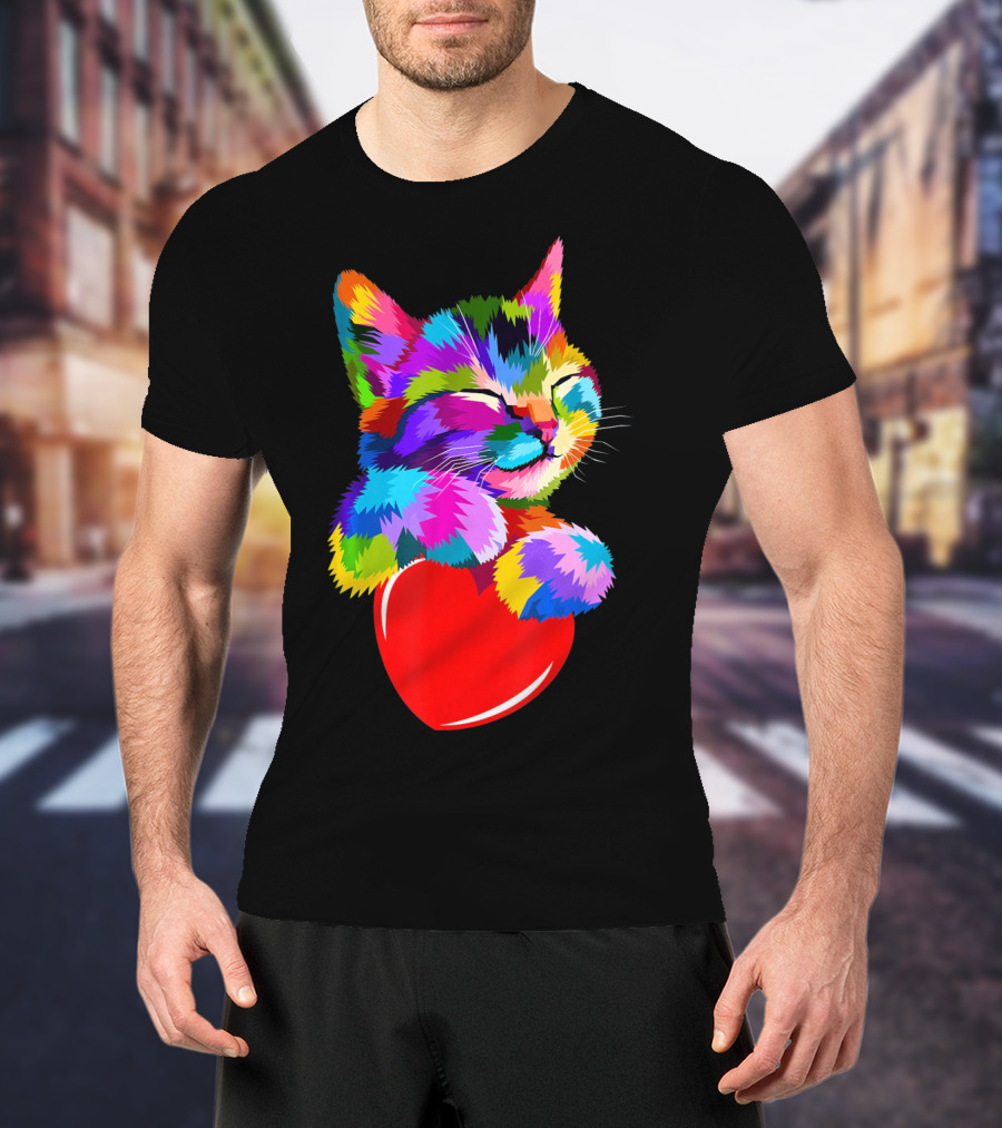 This Valentines My Cat Holds My Heart Colorful Kitten With Red Heart T-Shirt